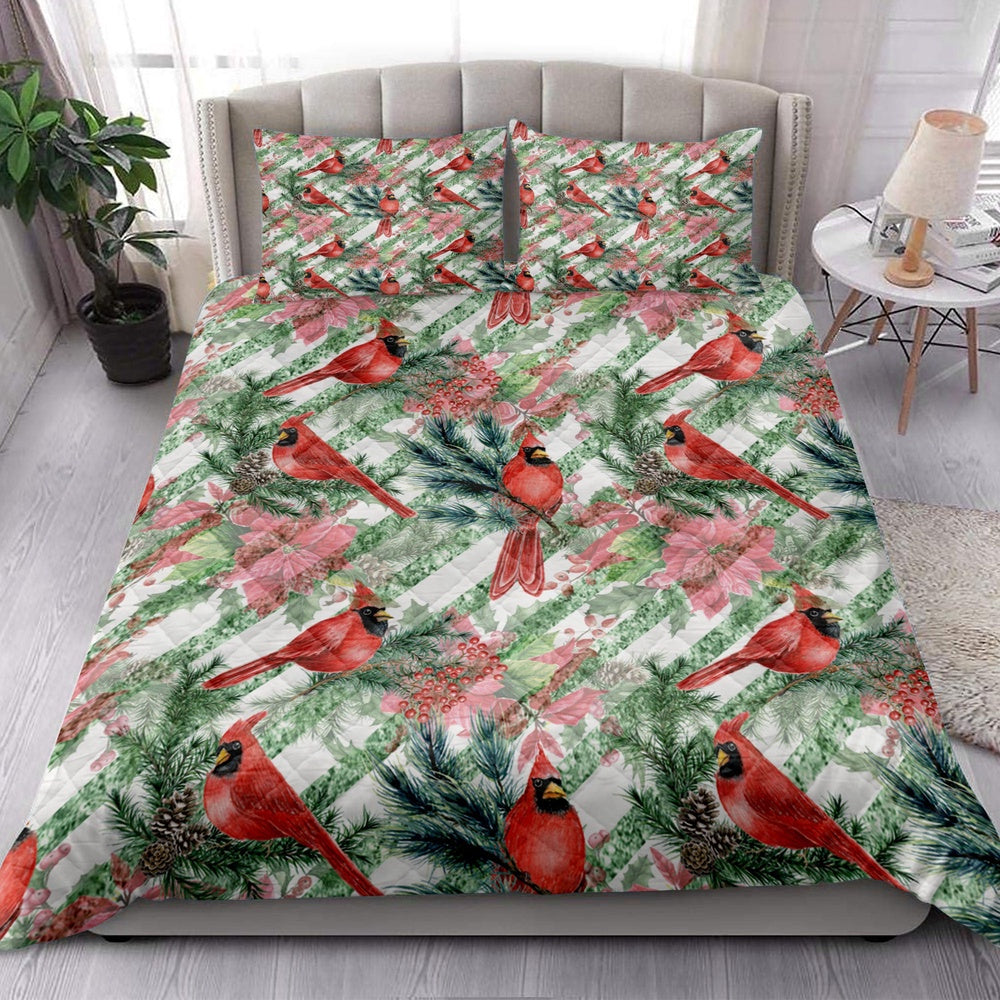 Christmas Poinsettia Cardinal Spruce Branches Stripes Winter Holiday Bedding Set, Christmas Beddings, Xmas Bedding Sets