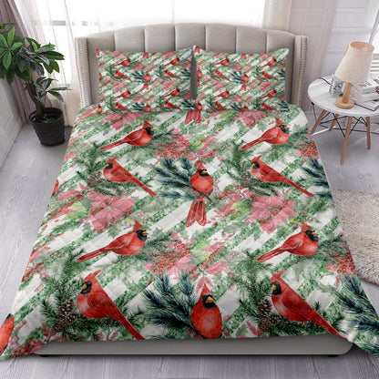 Christmas Poinsettia Cardinal Spruce Branches Stripes Winter Holiday Bedding Set, Christmas Beddings, Xmas Bedding Sets
