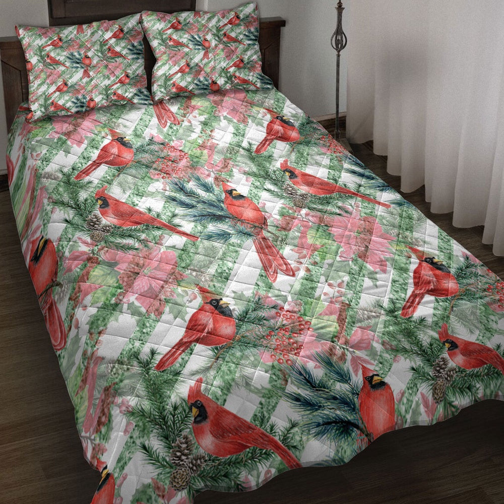 Christmas Poinsettia Cardinal Spruce Branches Stripes Winter Holiday Bedding Set, Christmas Beddings, Xmas Bedding Sets
