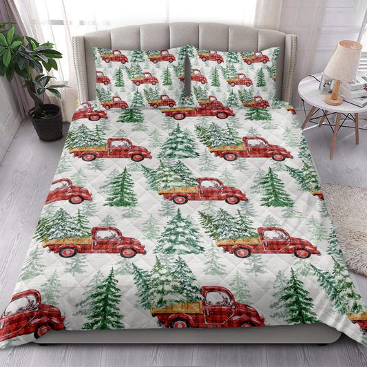 Christmas Red Buffalo Plaid Truck Pine Trees Holiday Snowy Tree Bedding Set, Christmas Beddings, Xmas Bedding Sets