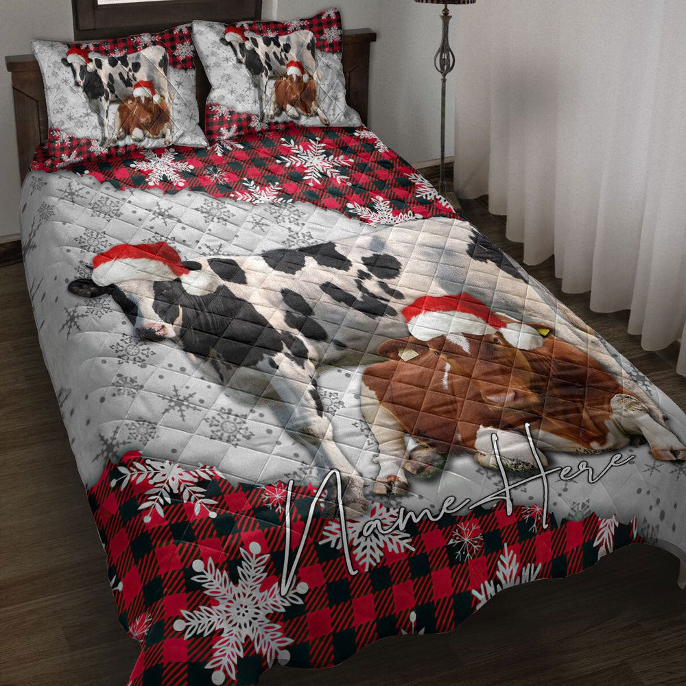 Christmas Red Plaid Cow Snowflakes Bedding Set, Christmas Beddings, Xmas Bedding Sets