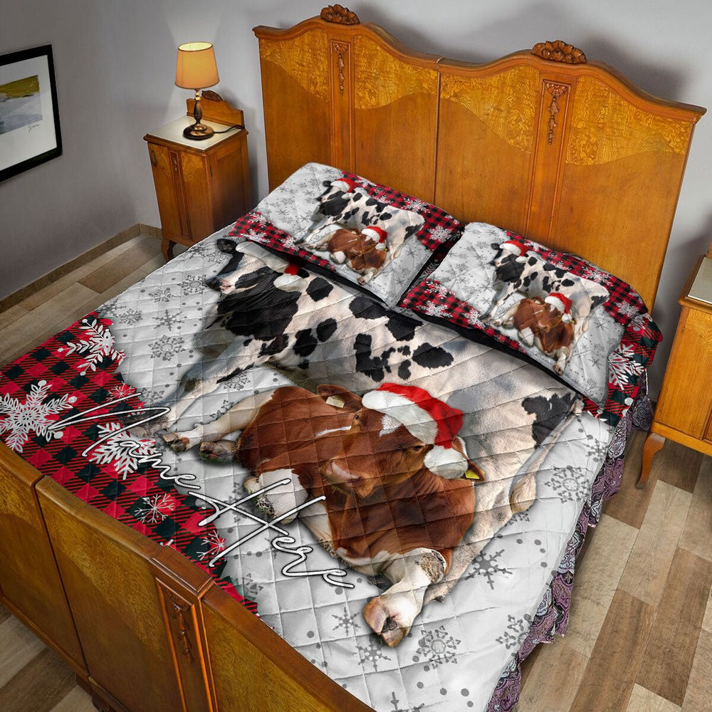 Christmas Red Plaid Cow Snowflakes Bedding Set, Christmas Beddings, Xmas Bedding Sets