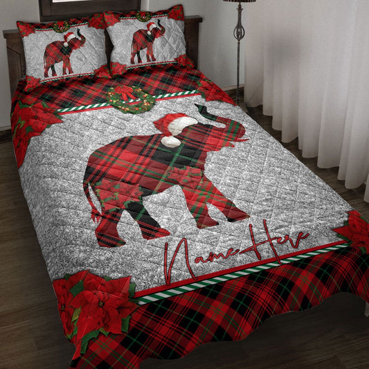 Christmas Red Plaid Elephant Santa Hat Xmas Bedding Set, Christmas Beddings, Xmas Bedding Sets