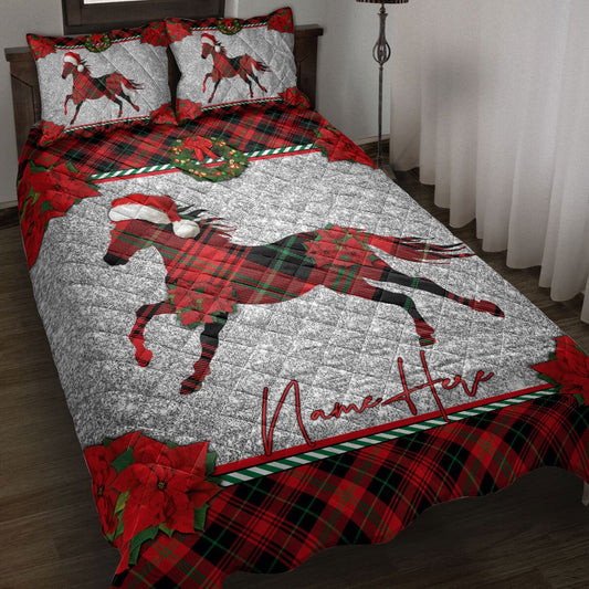 Christmas Red Plaid Horse Santa Hat Bedding Set, Christmas Beddings, Xmas Bedding Sets