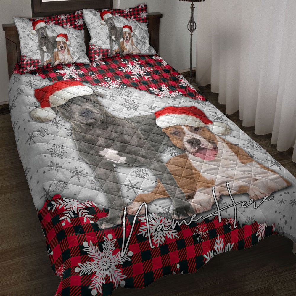 Christmas Red Plaid Pitbull Snowflakes Xmas Bedding Set, Christmas Beddings, Xmas Bedding Sets