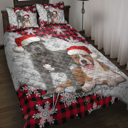 Christmas Red Plaid Pitbull Snowflakes Xmas Bedding Set, Christmas Beddings, Xmas Bedding Sets