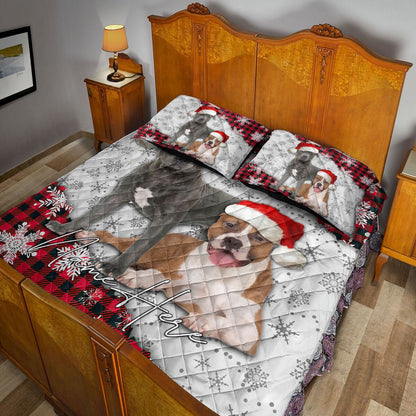 Christmas Red Plaid Pitbull Snowflakes Xmas Bedding Set, Christmas Beddings, Xmas Bedding Sets