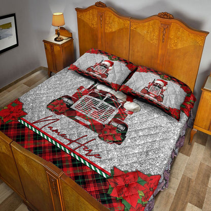 Christmas Red Plaid Truck Santa Hat Trucker Bedding Set, Christmas Beddings, Xmas Bedding Sets