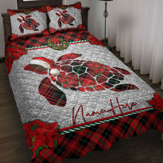 Christmas Red Plaid Turtle Santa Hat Xmas Bedding Set, Christmas Beddings, Xmas Bedding Sets
