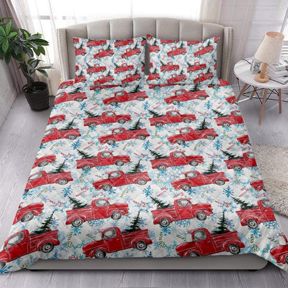 Christmas Red Truck Candy Cane Snowflake Fir Tree Pine Tree Winter Bedding Set, Christmas Beddings, Xmas Bedding Sets