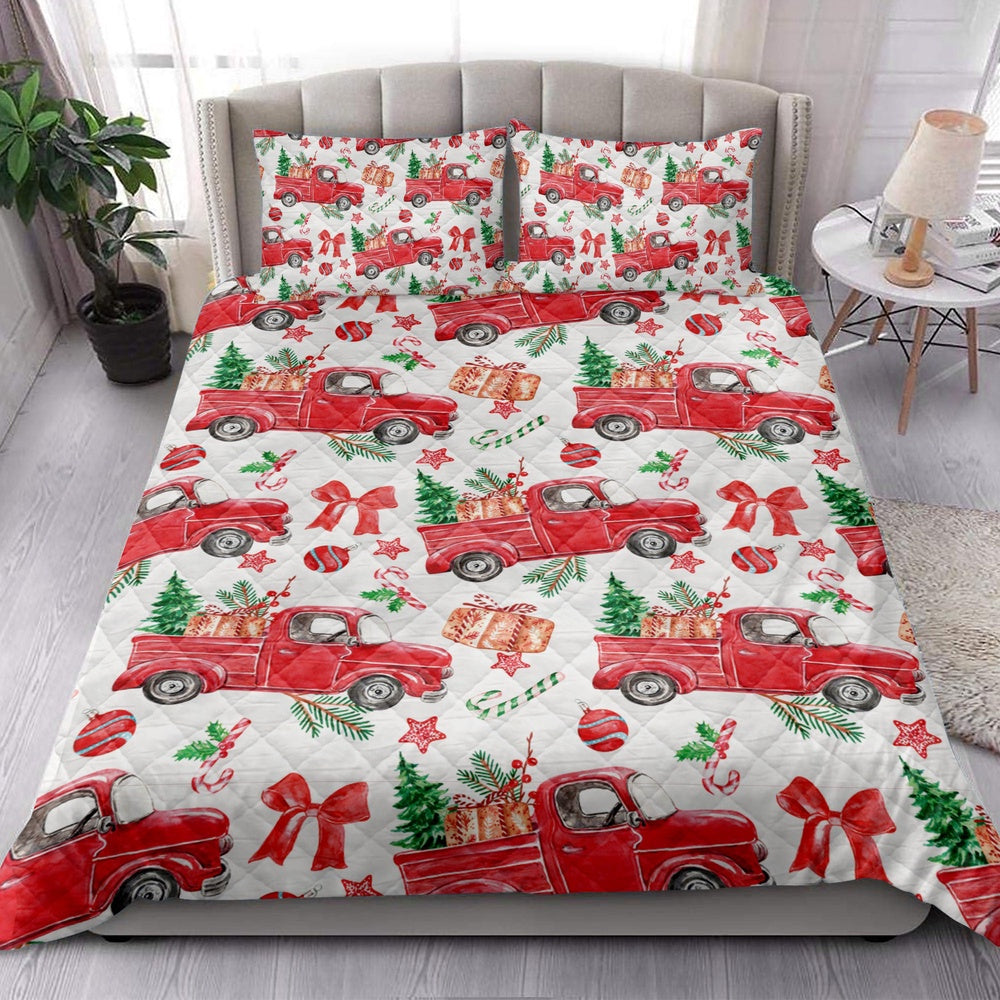 Christmas Red Truck Fir Tree Candy Cane Winter Holiday Bedding Set, Christmas Beddings, Xmas Bedding Sets