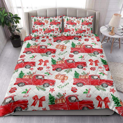 Christmas Red Truck Fir Tree Candy Cane Winter Holiday Bedding Set, Christmas Beddings, Xmas Bedding Sets