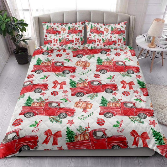 Christmas Red Truck Fir Tree Candy Cane Winter Holiday Bedding Set, Christmas Beddings, Xmas Bedding Sets
