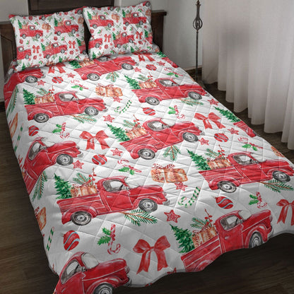 Christmas Red Truck Fir Tree Candy Cane Winter Holiday Bedding Set, Christmas Beddings, Xmas Bedding Sets