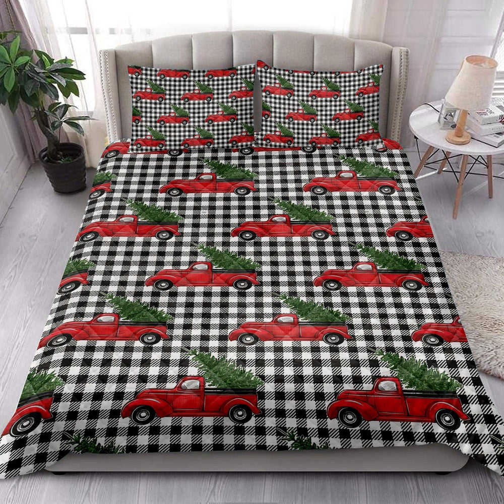 Christmas Red Truck Pine Trees Buffalo Plaid Winter Holiday Bedding Set, Christmas Beddings, Xmas Bedding Sets