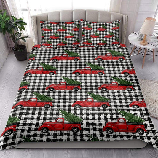 Christmas Red Truck Pine Trees Buffalo Plaid Winter Holiday Bedding Set, Christmas Beddings, Xmas Bedding Sets