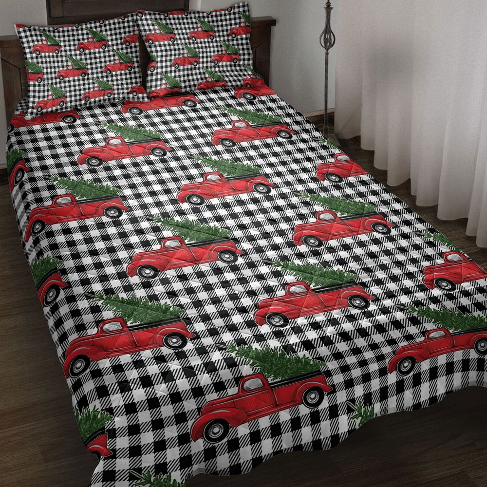 Christmas Red Truck Pine Trees Buffalo Plaid Winter Holiday Bedding Set, Christmas Beddings, Xmas Bedding Sets