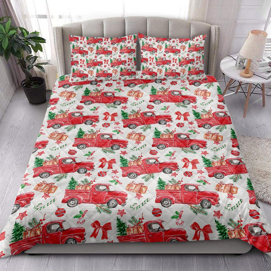 Christmas Red Truck Pine Trees Winter Holiday Snowy Treeest Bedding Set, Christmas Beddings, Xmas Bedding Sets