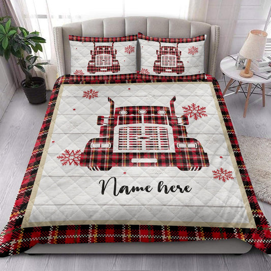 Christmas Red Truck Snowflake Red Plaid Bedding Set, Christmas Beddings, Xmas Bedding Sets