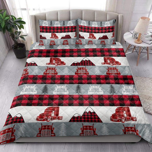Christmas Red Truck Trucker Red Buffalo Plaid Winter Holiday Bedding Set, Christmas Beddings, Xmas Bedding Sets