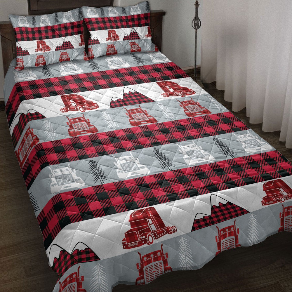 Christmas Red Truck Trucker Red Buffalo Plaid Winter Holiday Bedding Set, Christmas Beddings, Xmas Bedding Sets
