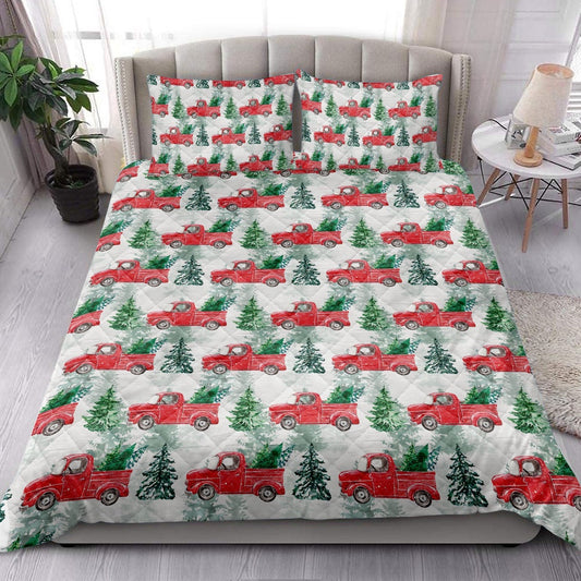 Christmas Red Truck Winter Holiday Snow Spruce Pine Tree Bedding Set, Christmas Beddings, Xmas Bedding Sets