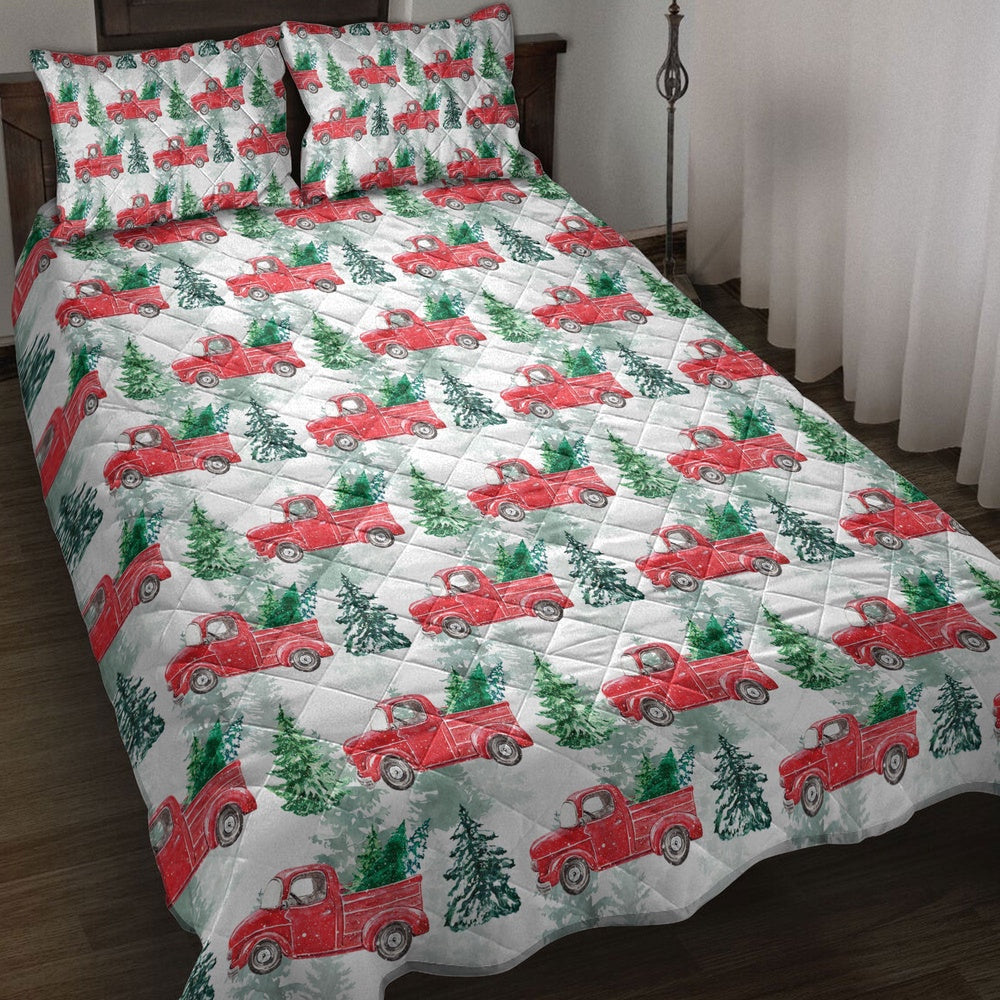 Christmas Red Truck Winter Holiday Snow Spruce Pine Tree Bedding Set, Christmas Beddings, Xmas Bedding Sets