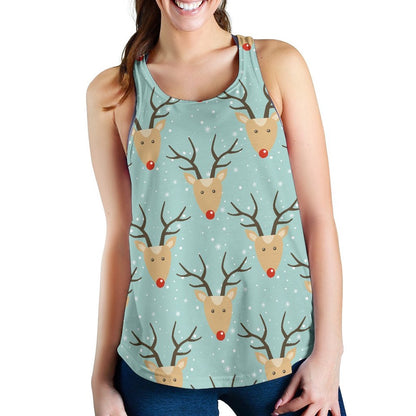 Christmas Reindeer Print Pattern Women's Racerback Tank Tops, Christmas Tank Top, Women Christmas Clothing
