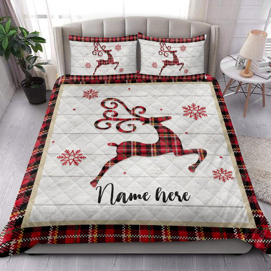 Christmas Reindeer Snowflake Red Plaid Bedding Set, Christmas Beddings, Xmas Bedding Sets