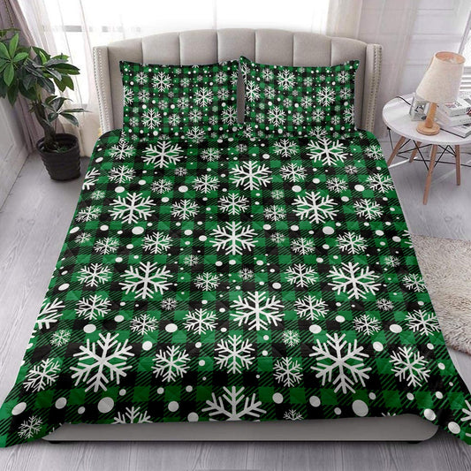 Christmas Snowflake Green Grid White Buffalo Plaids Bedding Set, Christmas Beddings, Xmas Bedding Sets
