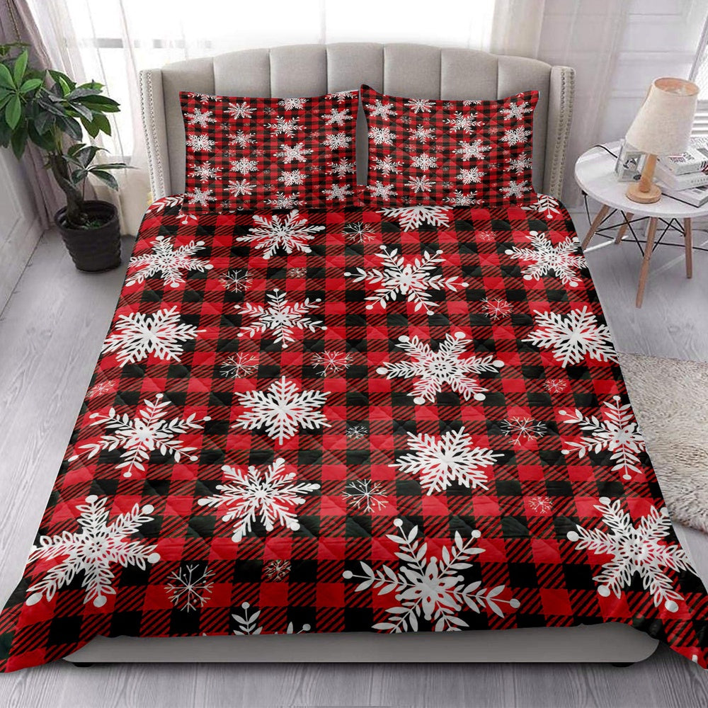 Christmas Snowflake Red Buffalo Plaid Winter Holiday Bedding Set, Christmas Beddings, Xmas Bedding Sets