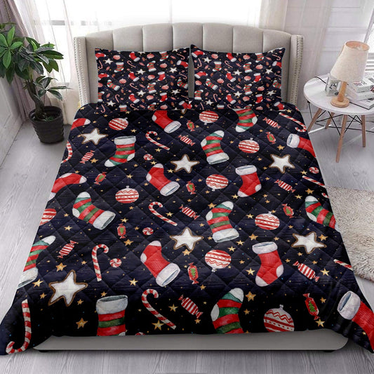 Christmas Stocking Candy And Red Balls Bedding Set, Christmas Beddings, Xmas Bedding Sets
