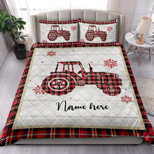 Christmas Tractor Snowflake Red Plaid Bedding Set, Christmas Beddings, Xmas Bedding Sets