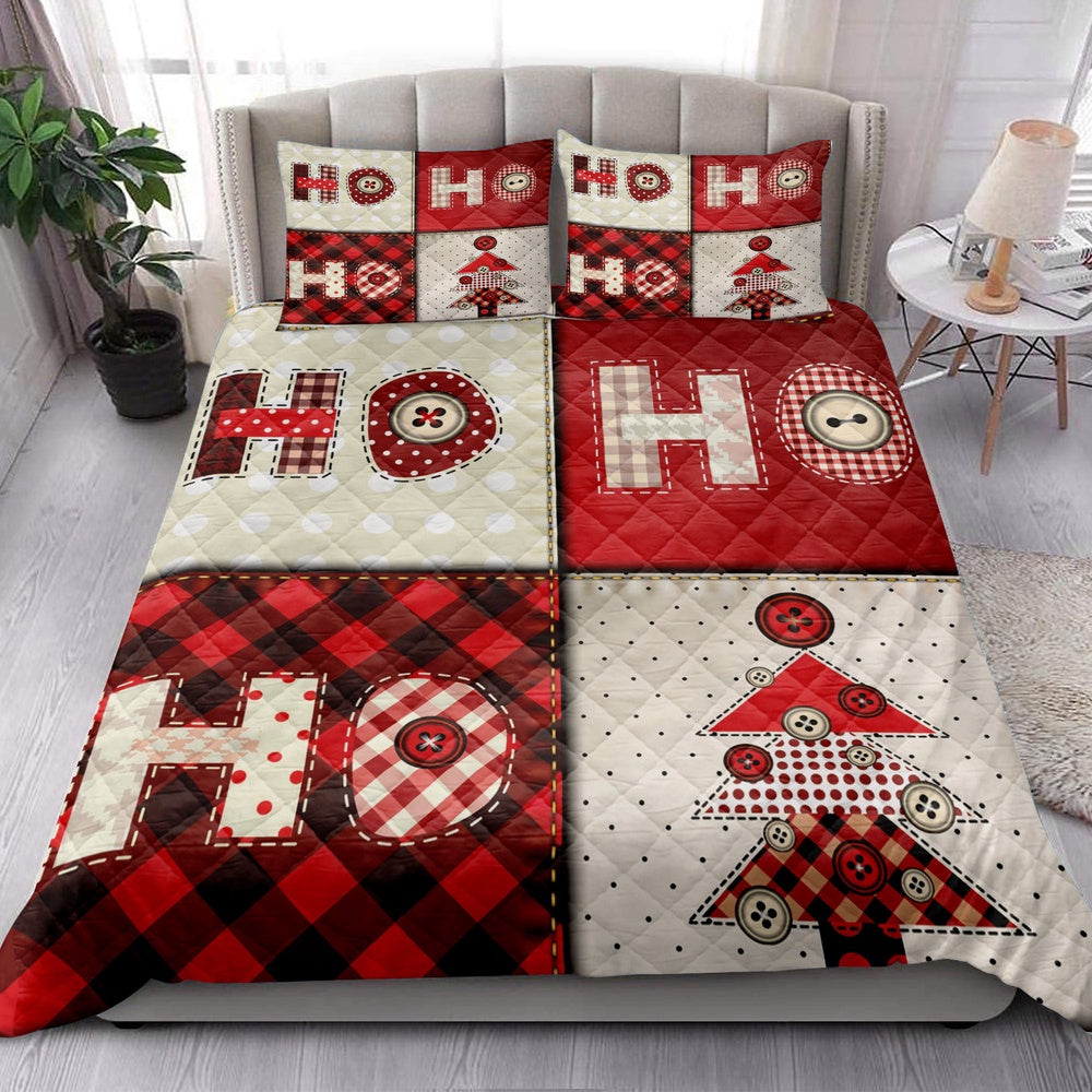 Christmas Tree Hohoho Buffalo Red Plaid Xmas Holiday Bedding Set, Christmas Beddings, Xmas Bedding Sets