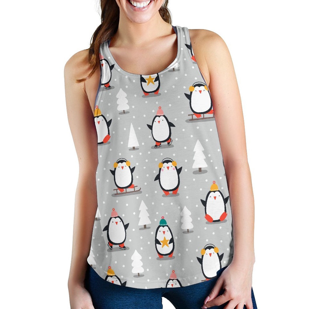 Christmas Tree Penguin Pattern Print Women's Racerback Tank Tops, Christmas Tank Top, Women Christmas Clothing