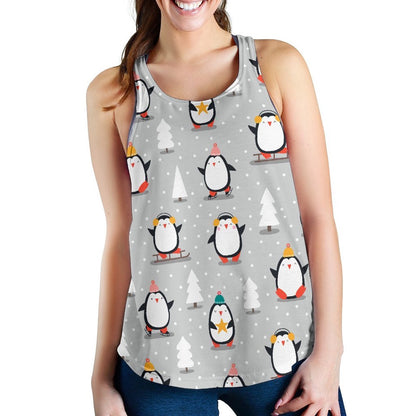 Christmas Tree Penguin Pattern Print Women's Racerback Tank Tops, Christmas Tank Top, Women Christmas Clothing