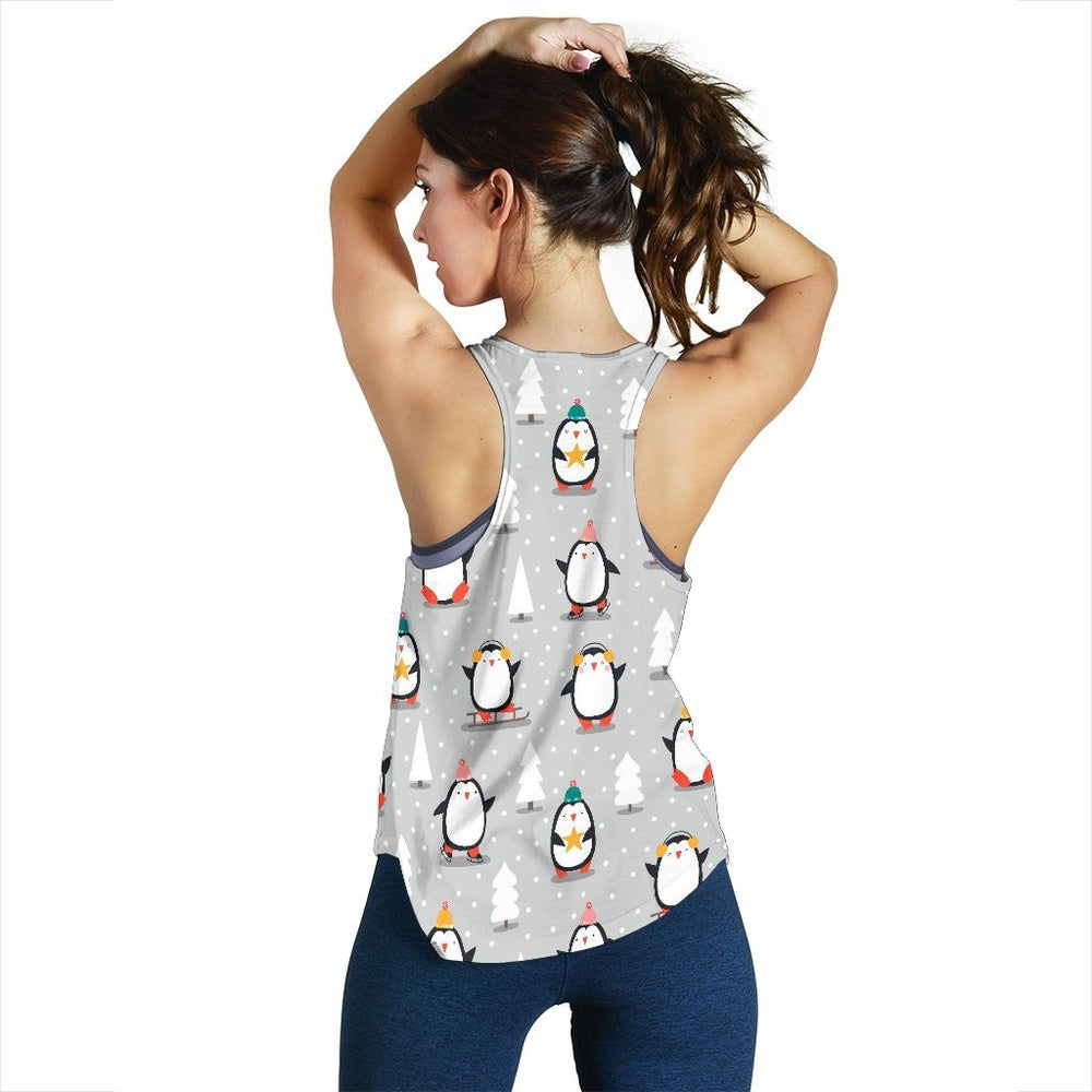 Christmas Tree Penguin Pattern Print Women's Racerback Tank Tops, Christmas Tank Top, Women Christmas Clothing