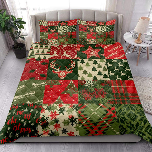 Christmas Tree Snowflake Santa Cla Us Patchwork Xmas Holiday Bedding Set, Christmas Beddings, Xmas Bedding Sets