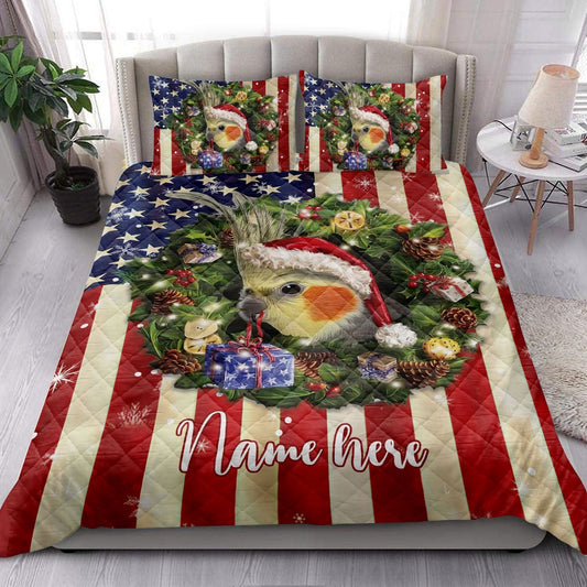 Cockatiel Wearingmas Hat Wreath Bedding Set, Christmas Beddings, Xmas Bedding Sets