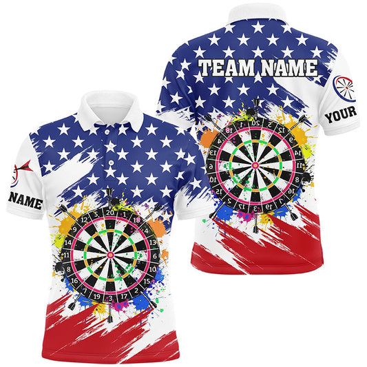 Colorful Dartboard American Flag Custom Patriotic Darts Shirts For Men, Darts Team Polo White, Darts Team Polo Shirt