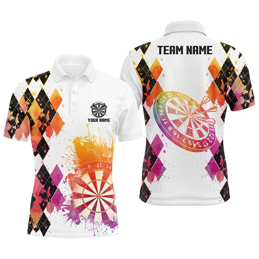 Colorful Watercolor Argyle Pattern Mens Darts Polo Shirt Custom Dart Polo For Men, Darts Team Polo Shirt