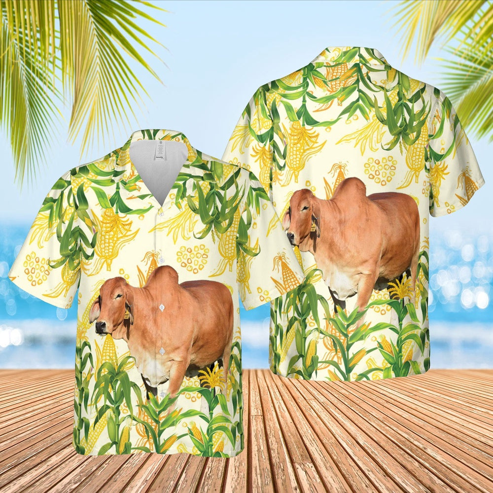 Corn Farm Red Brahman All Over Printed Hawaiian Shirt, Farm Hawaiian Shirt, Farmer Hawaii