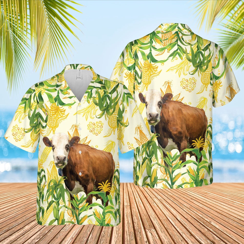 Corn Farm Simmental All Over Printed Hawaiian Shirt, Farm Hawaiian Shirt, Farmer Hawaii