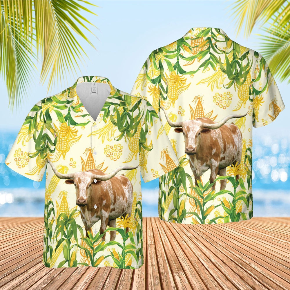 Corn Farm Texas Longhorn All Over Printed Hawaiian Shirt, Farm Hawaiian Shirt, Farmer Hawaii