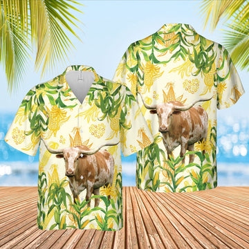Corn Farm Texas Longhorn All Over Printed Hawaiian Shirt, Farm Hawaiian Shirt, Farmer Hawaii