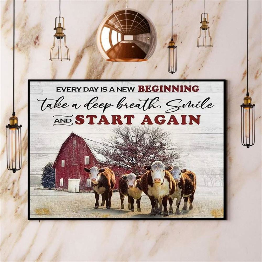Cow Christmas Every Day Is A New Beginning Smile And Star Farmhouse Canvas, Farm Canvas, Farm Gift, Farm Home Decor