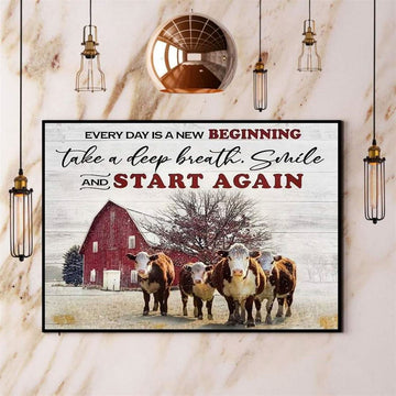 Cow Christmas Every Day Is A New Beginning Smile And Star Farmhouse Canvas, Farm Canvas, Farm Gift, Farm Home Decor