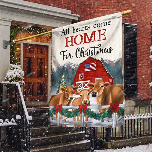 Cow Christmas Flag All Hearts Come Home For Christmas Cattle Jersey, Christmas Outdoor Decor Decoration