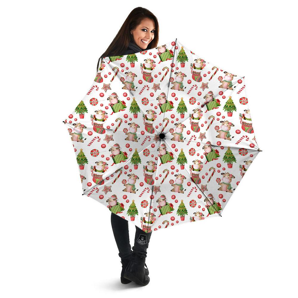 Cow Christmas Print Pattern Umbrella, Christmas Umbrella, Xmas Umbrella
