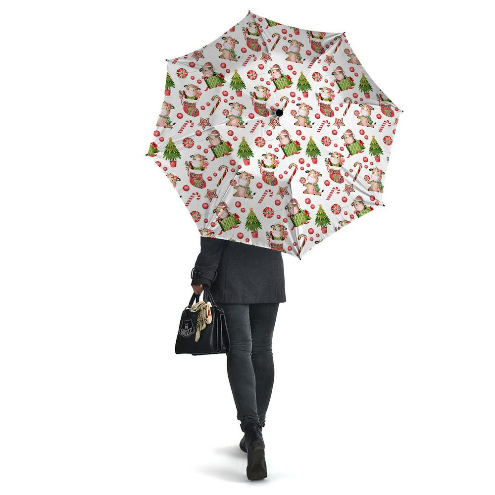 Cow Christmas Print Pattern Umbrella, Christmas Umbrella, Xmas Umbrella